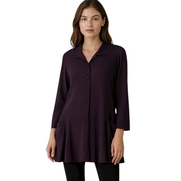 Flax Purple Crepe Button Front Tunic Top Pockets Lagenlook Artisan Blouse Small - Picture 13 of 13